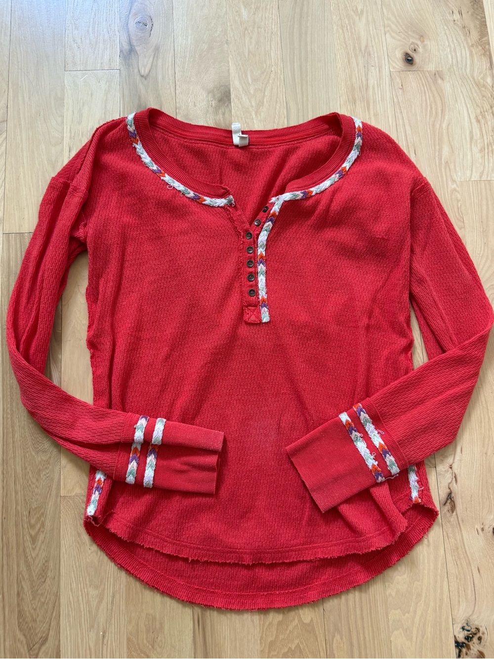 Free People Red Thermal Henley Long Sleeve Size M